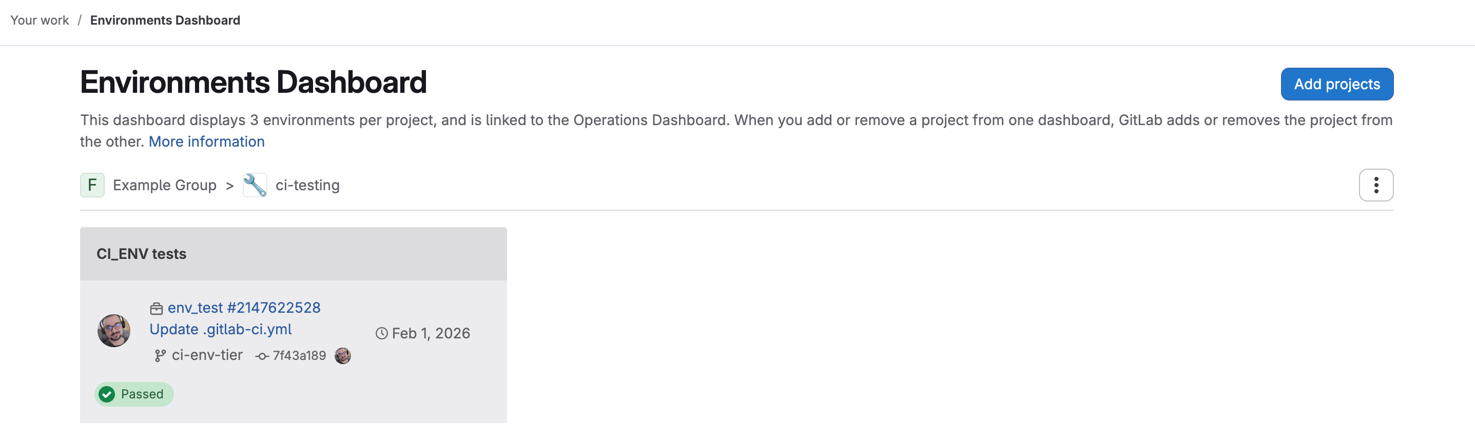 Environments Dashboard showing two rows of projects with their deployment environments and pipeline status.