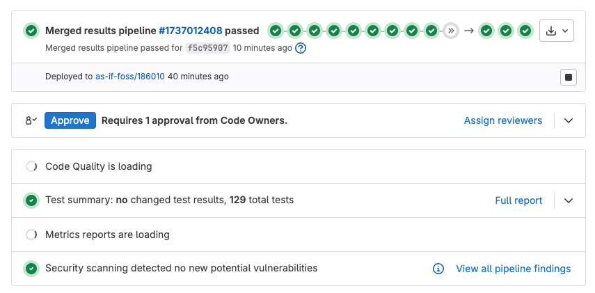 Report widgets displaying pipeline, approval, and quality check results for a merge request.