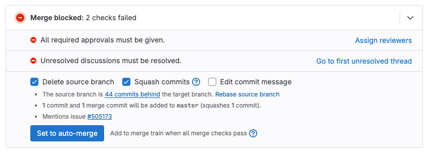 Merge widget displaying merge requirements that must be satisfied before merging.