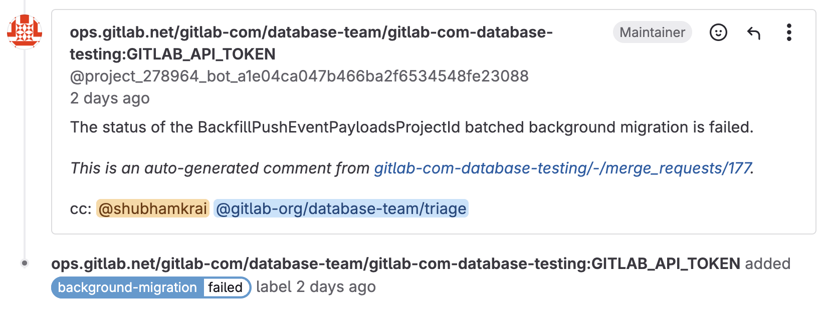Merge request comment showing batched background migration failure notification.