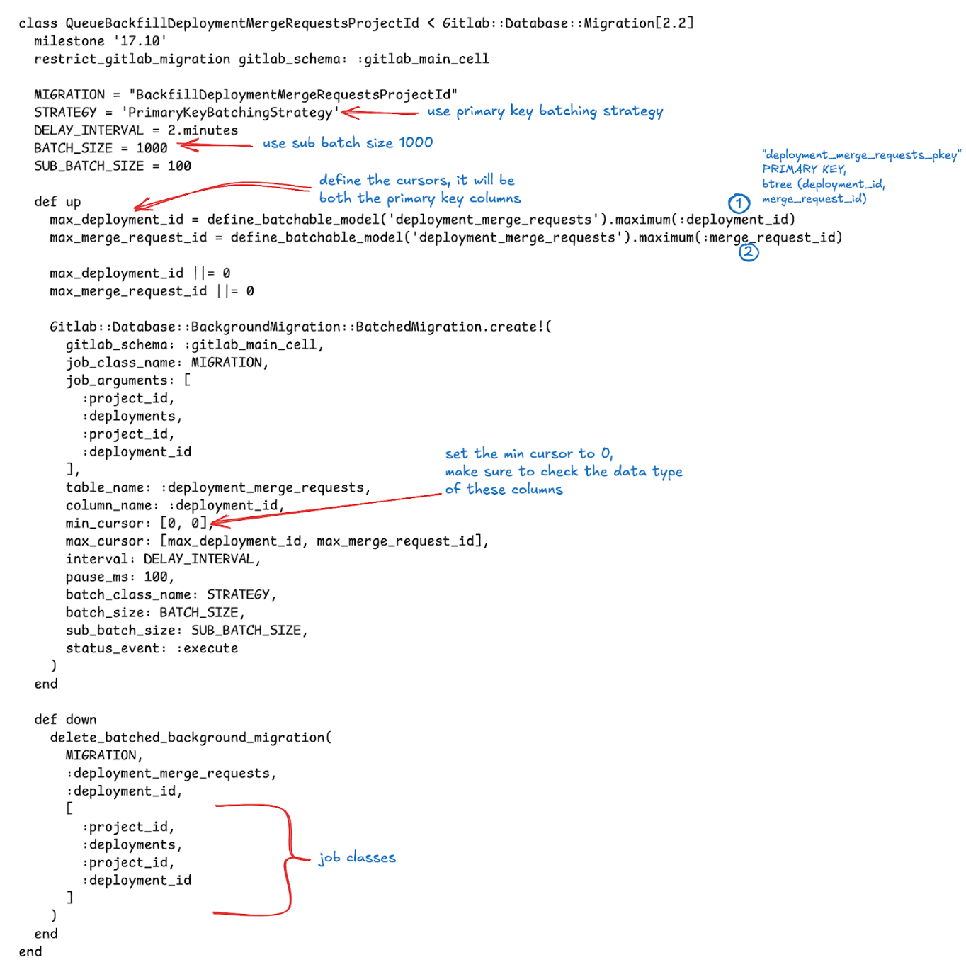 Migration code using cursor-based batching with <code>deployment_id</code> and <code>merge_request_id</code> columns.