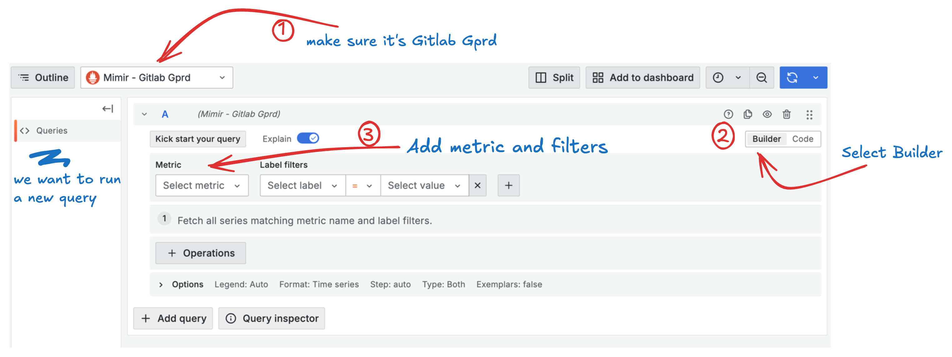 Grafana Explore view with query builder for metrics and time ranges.