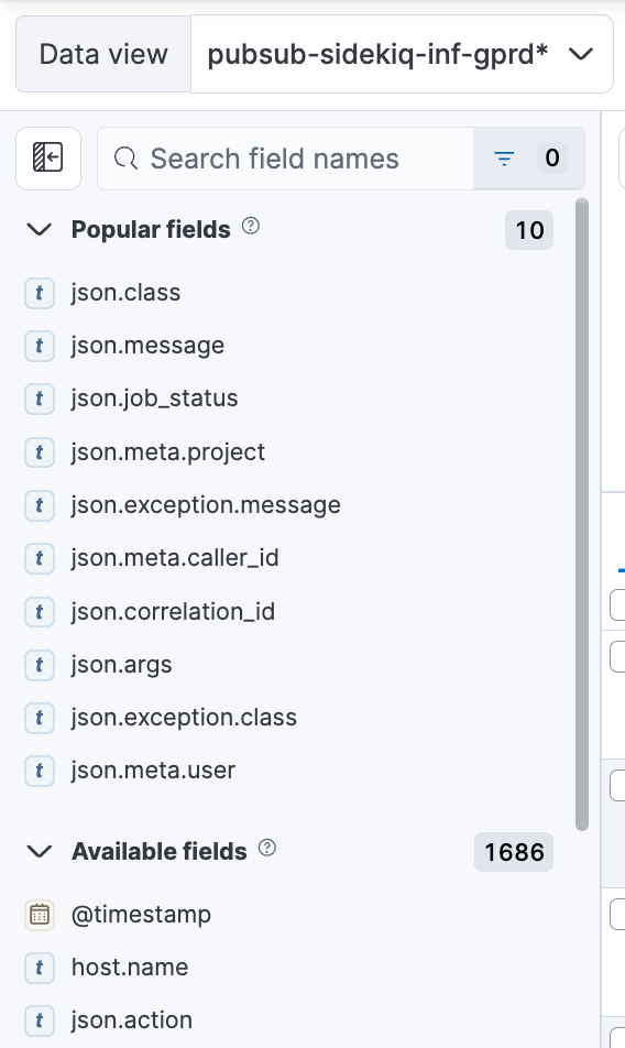 Kibana fields panel displaying available log fields including <code>job_class_name</code> and <code>new_state</code>.