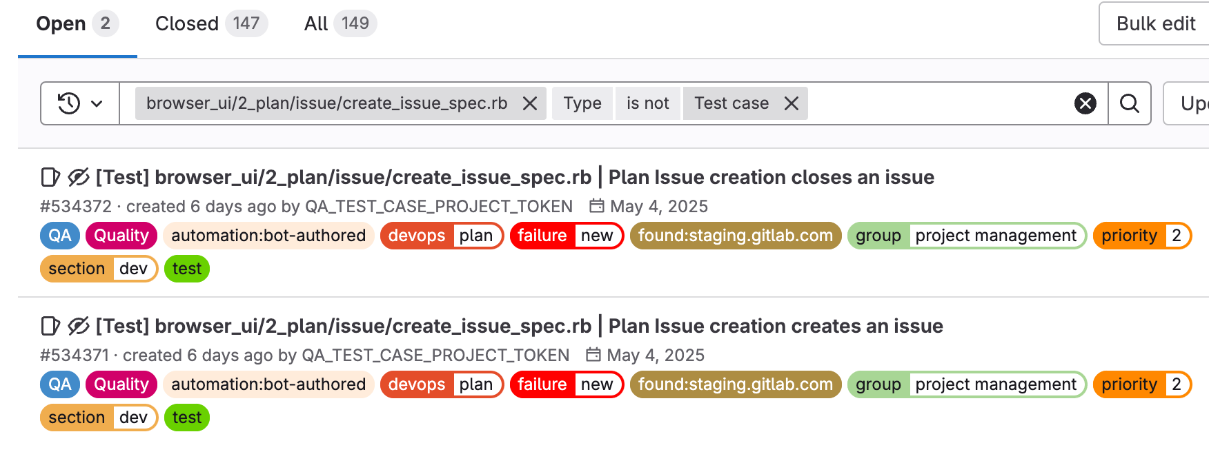 Failed issue search example