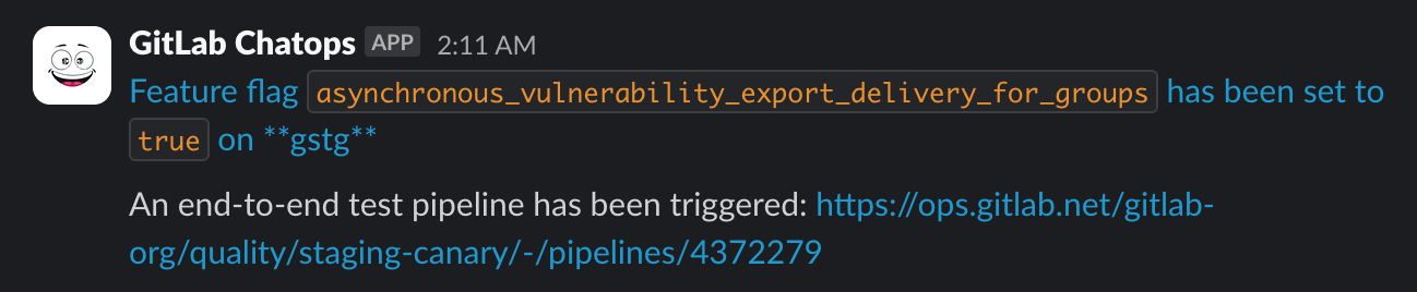 GitLab ChatOps Slack message example.
