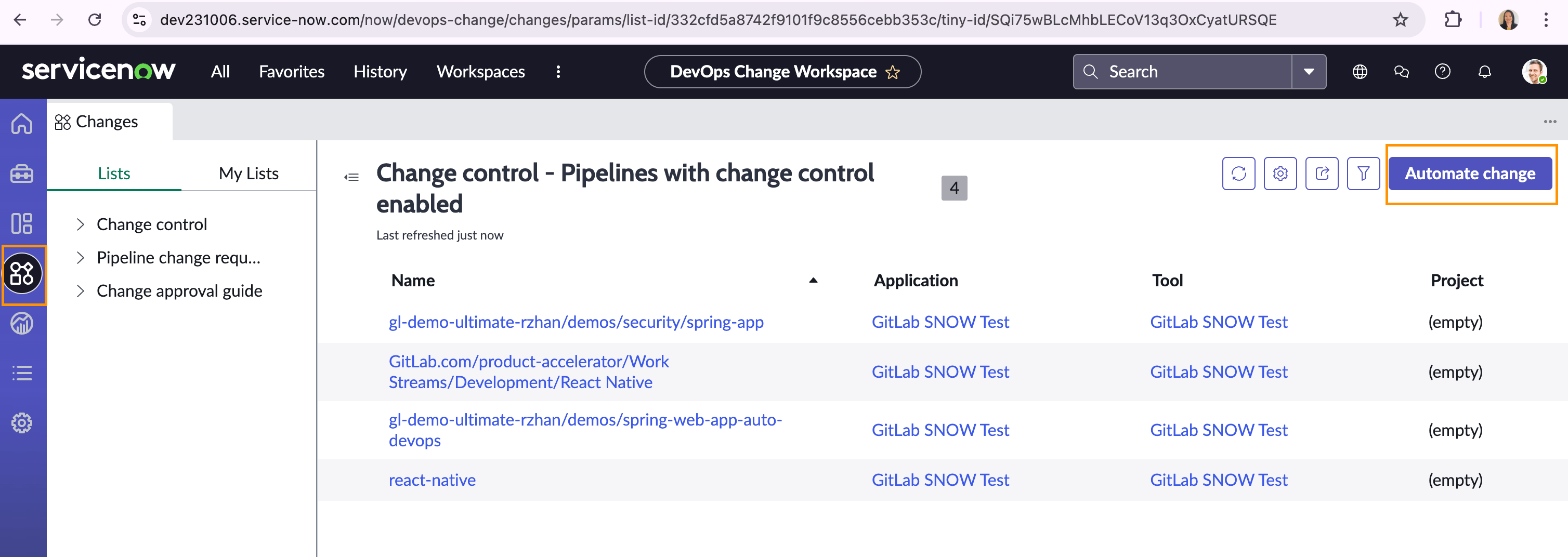 DevOps Change Workspace with the Automate change option selected.