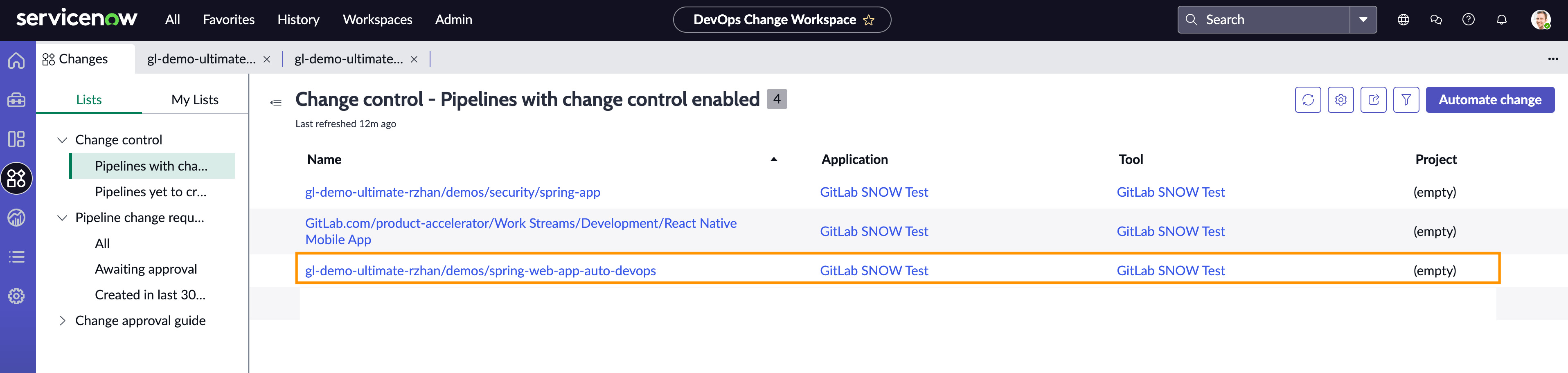 ServiceNow stage with change control enabled in pipeline.