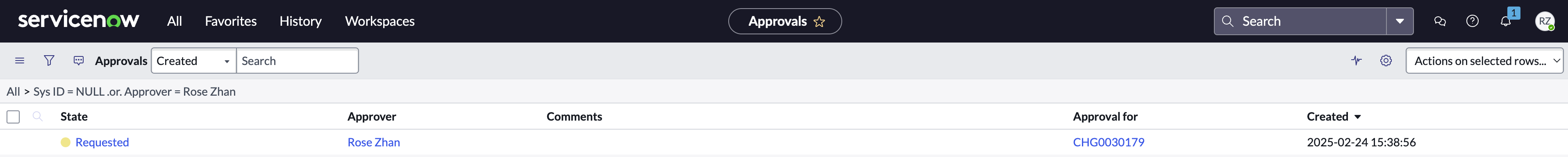 ServiceNow change request pending approval.