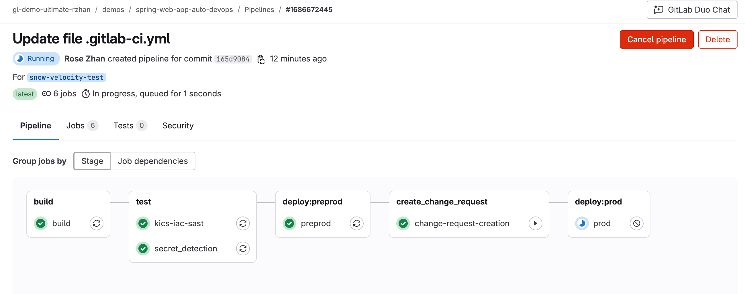 GitLab pipeline resumes after change approval.