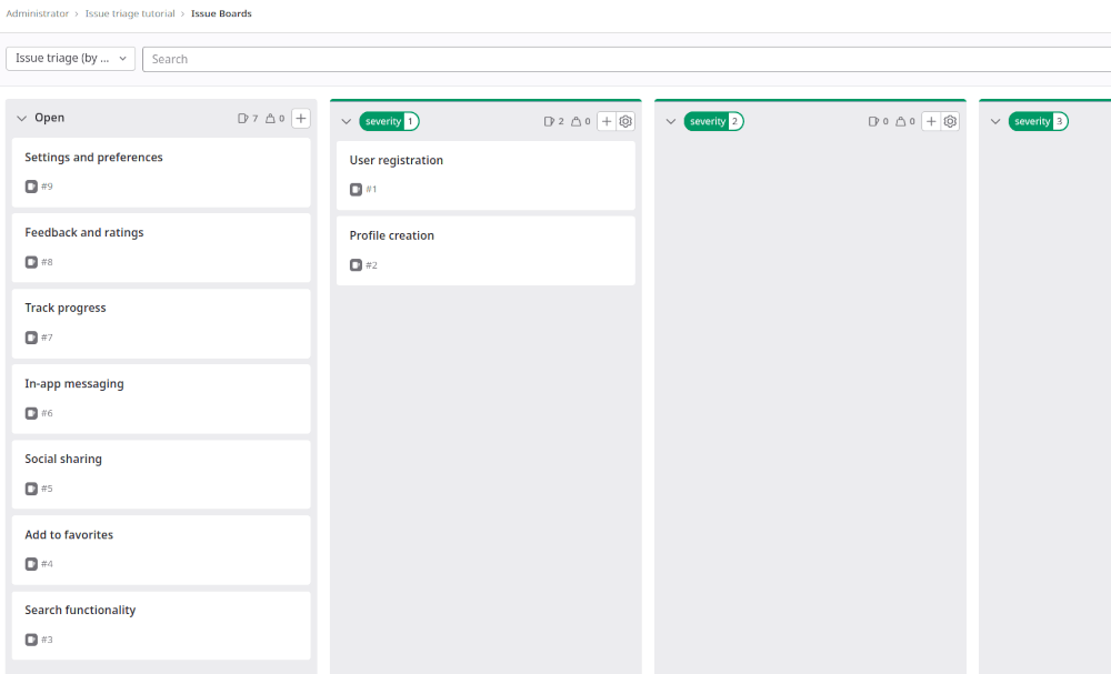 Issue board with unlabeled issues and prioritized “severity” labels for labeling issues