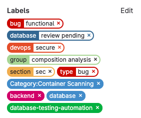 The Labels section of a merge request, showing 10 labels in different colors, including “database” and “type: bug”