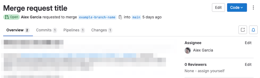 Merge request with the Overview tab selected, showing title, requester, and status, alongside the Commits, Pipelines, and Changes tabs