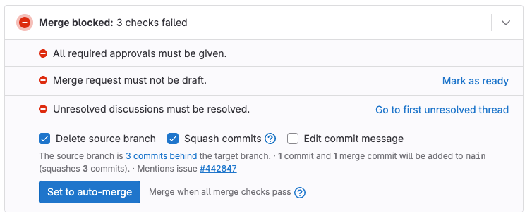 Merge widget showing blocked status with three failed checks: missing approvals, draft mode, and open threads