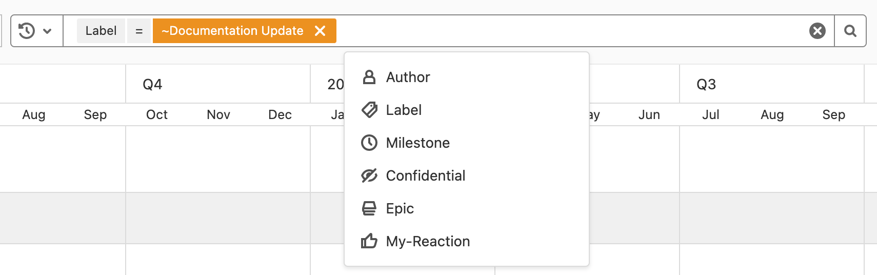 Filtering a GitLab epics roadmap by ‘Documentation Update’ label, showing additional filter options in the dropdown .