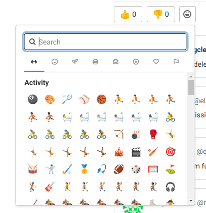 Emoji reaction picker with various categories, including search box.