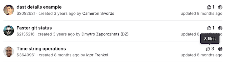 A tooltip displaying details of a GitLab snippet.