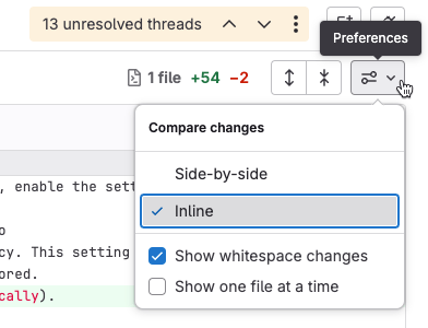 A merge request diff with Preferences menu expanded and ‘Show whitespace changes’ option selected.