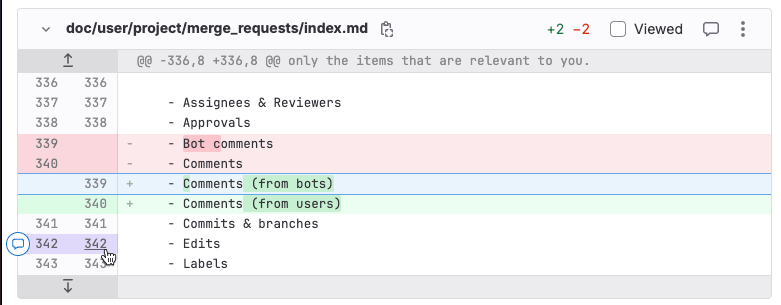 A merge request diff showing added and removed lines of code.