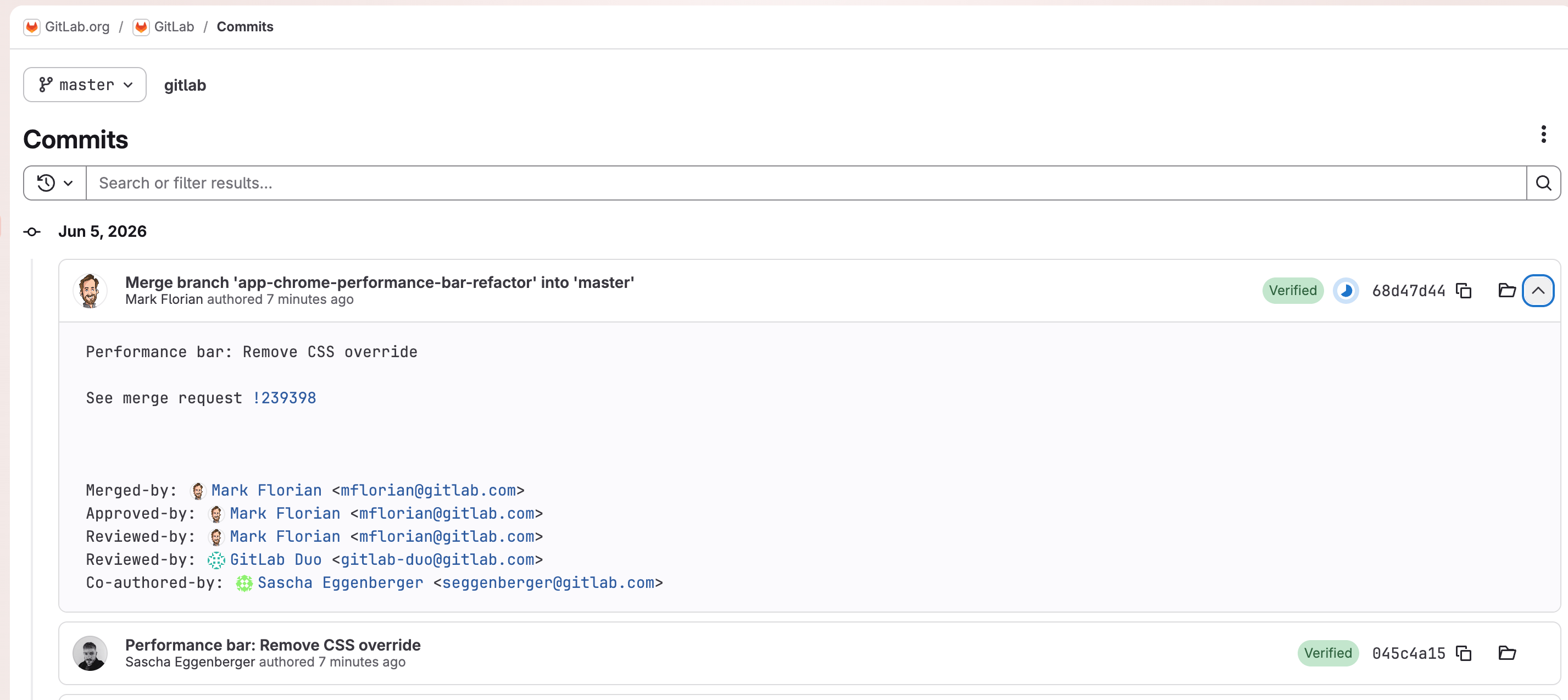 An example of a repository’s commits list